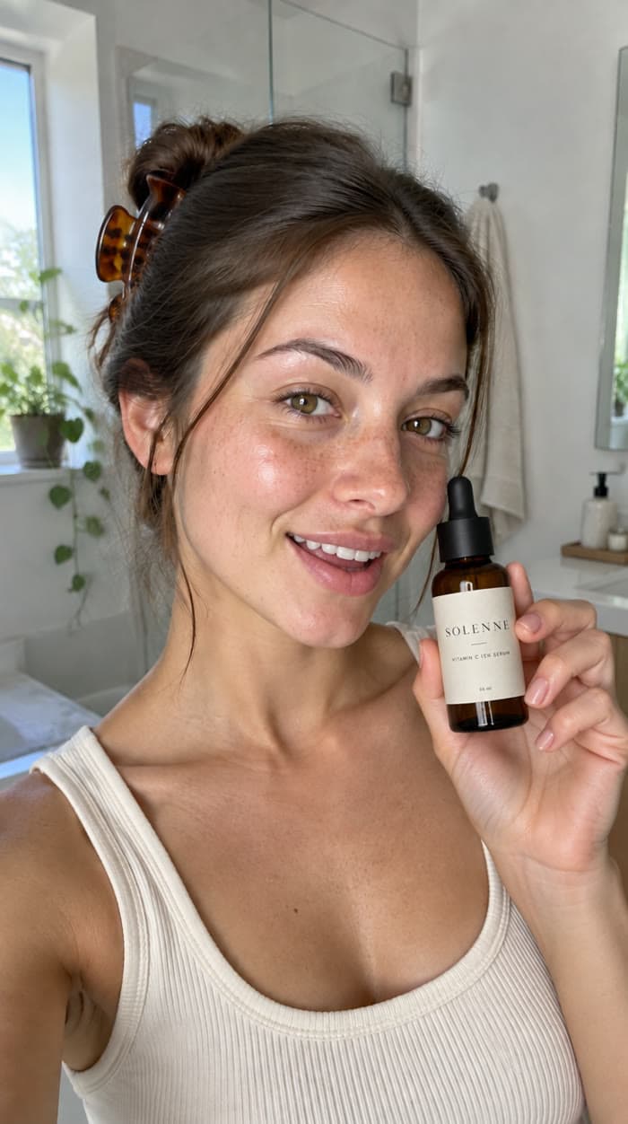 Start frame: the AI-generated creator holding the Solenne serum