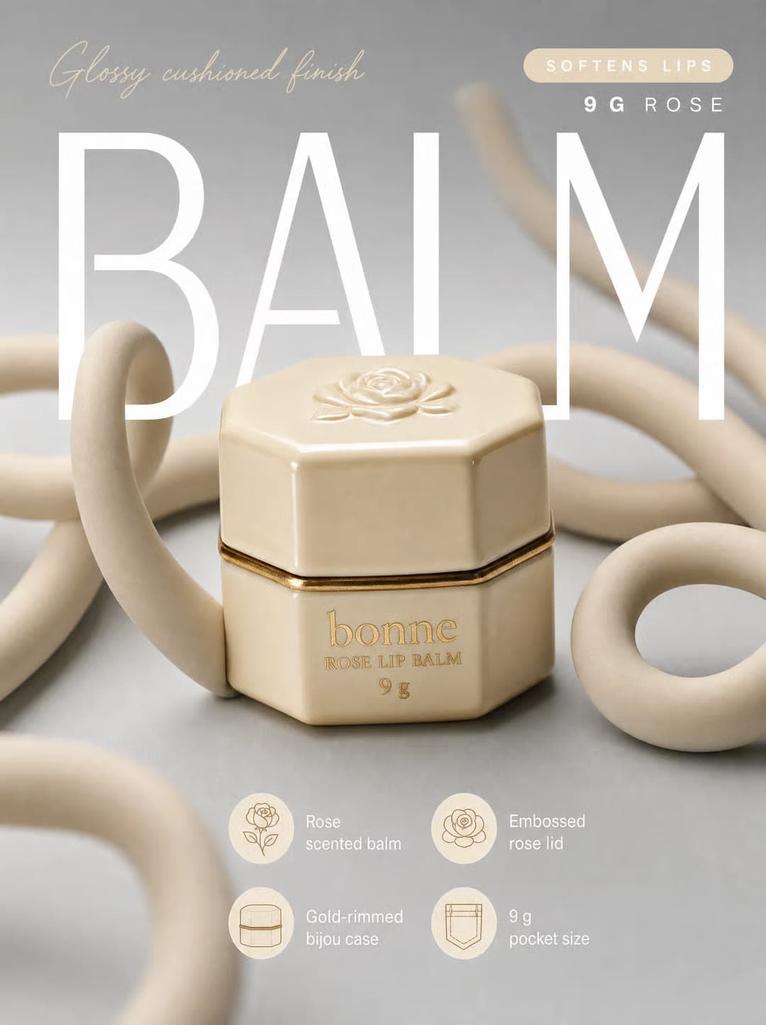 A rose balm tin on a 3D set with soft rope shapes and product callouts