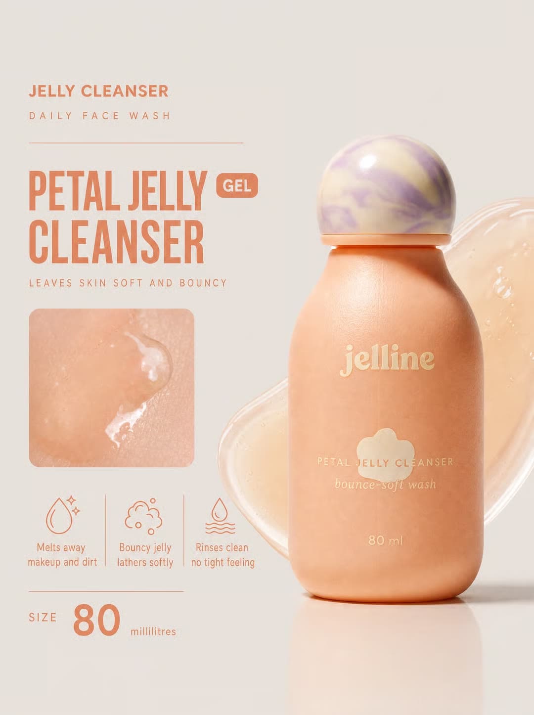 A Jelline petal jelly cleanser bottle on a peach pastel layout