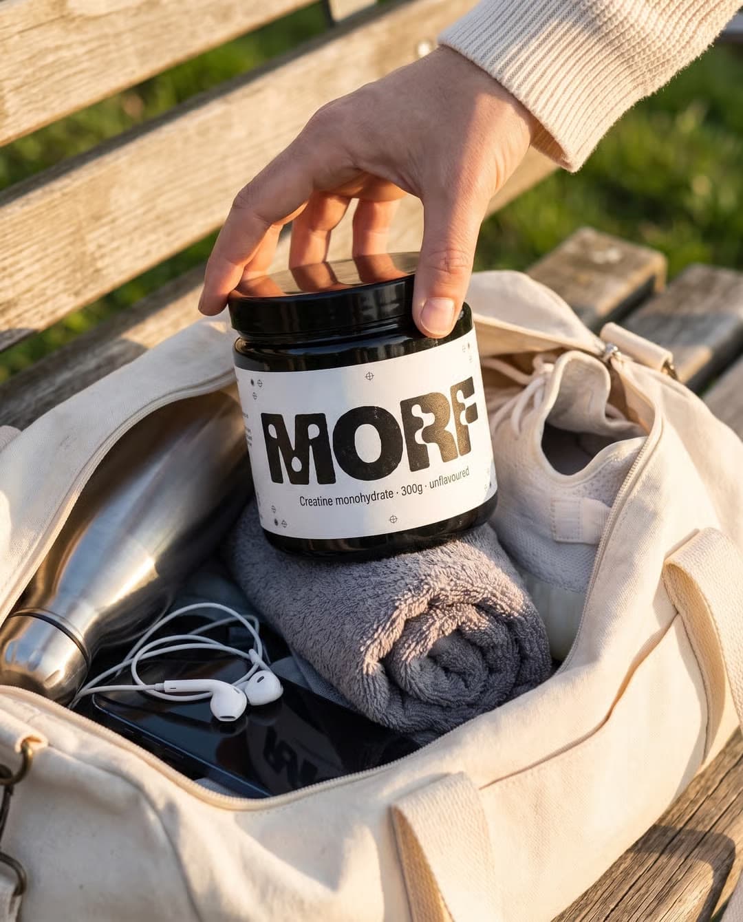 A hand reaches for a More tub in a gym bag on a park bench